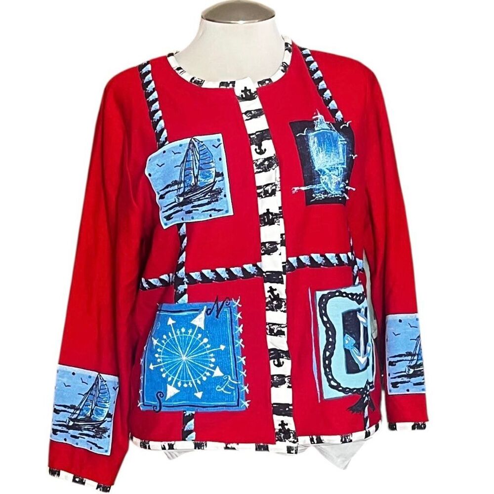 Onque Red Sailing‎ Patchwork Anchor Nautical Buttons Cardigan Sz